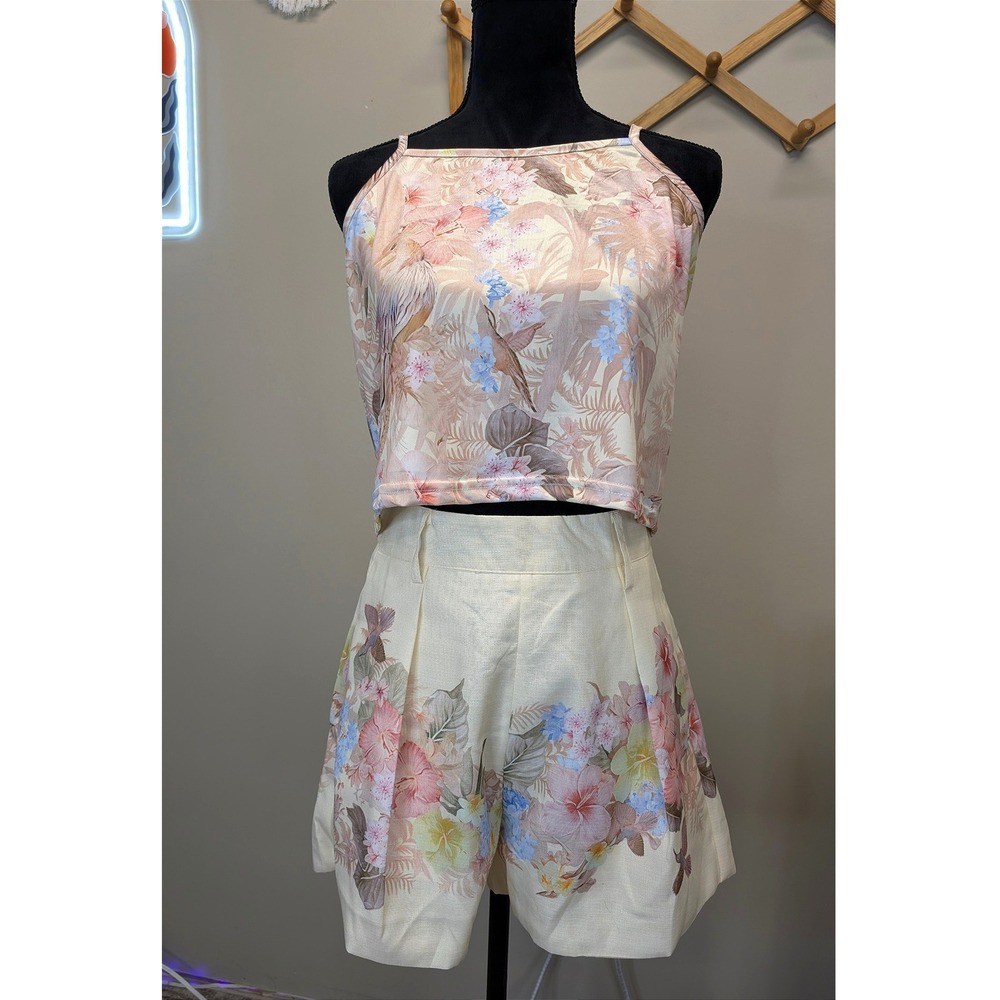 ELPPIS Floral Two Piece Set Crop Cami Pleated Shorts Tropical Print Large
